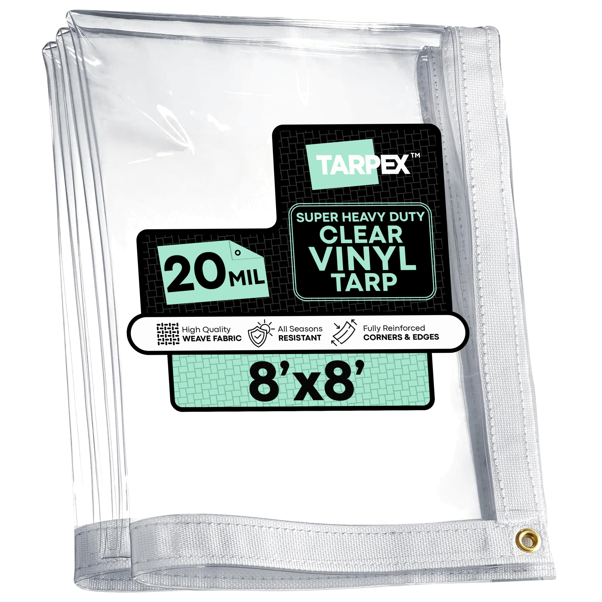 TARPEX Transparent Clear PVC Vinyl Tarp — 8ft. x 8ft., 20 Mil, Waterproof, UV-Treated, Reinforced Edges, Model# CVT20-TA-88